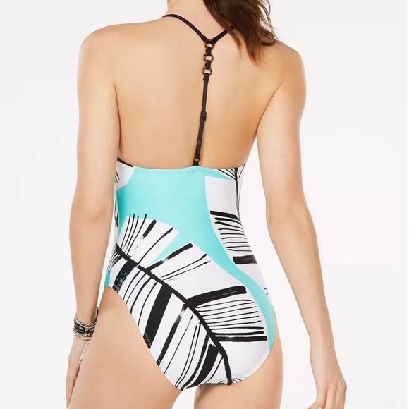 TRINA TURK Copacabana One Piece Swimsuit Tropical Print Teal Black Strappy Sz 4 - Picture 2 of 14